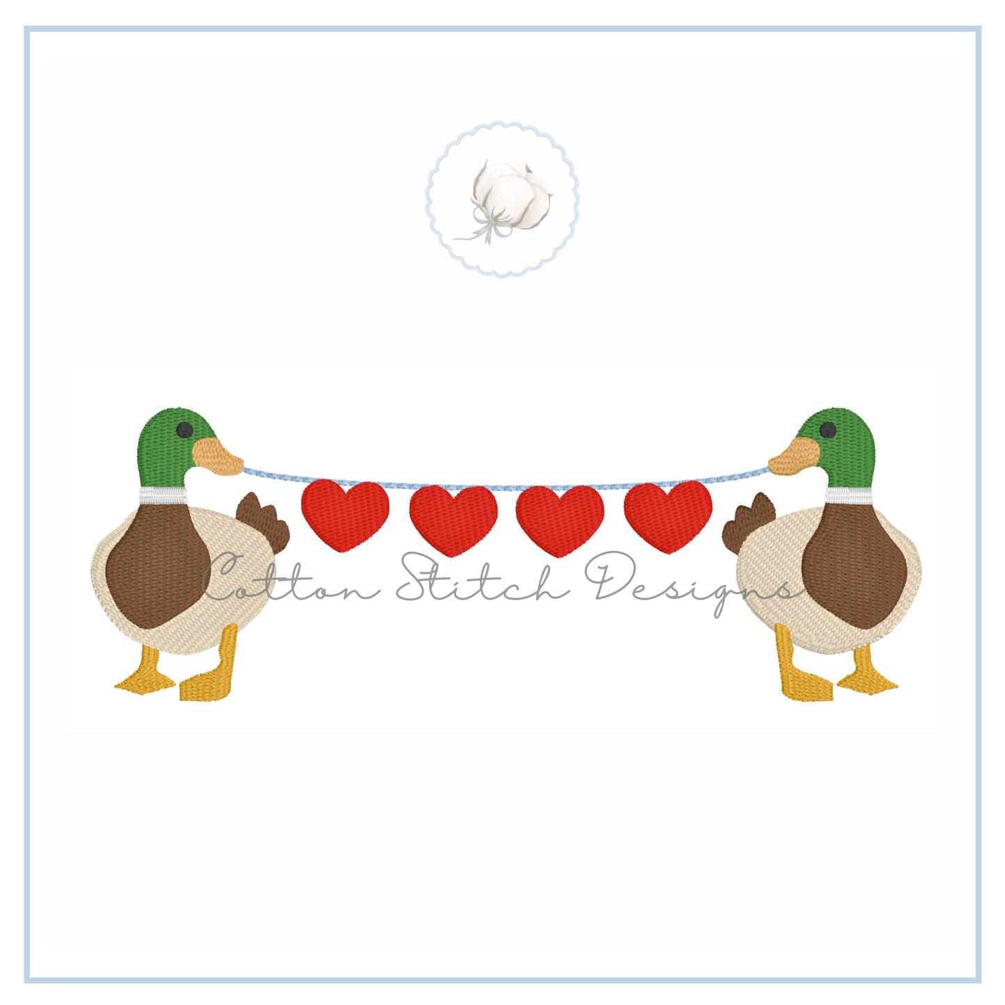 Mallards Holding Hearts Embroidery Design