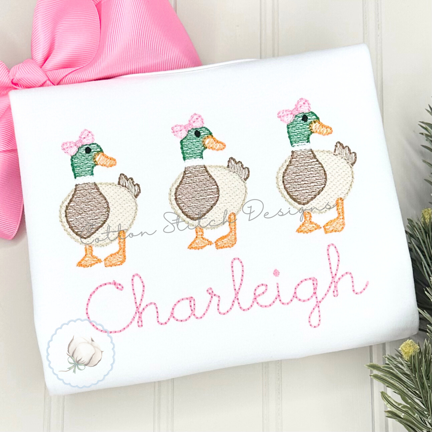 Mallard Duck Trio with Bows Embroidery Design