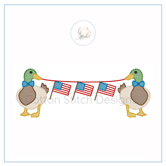 Machine Embroidery design Cotton Stitch Designs Two ducks with American flags on a string design on a white background