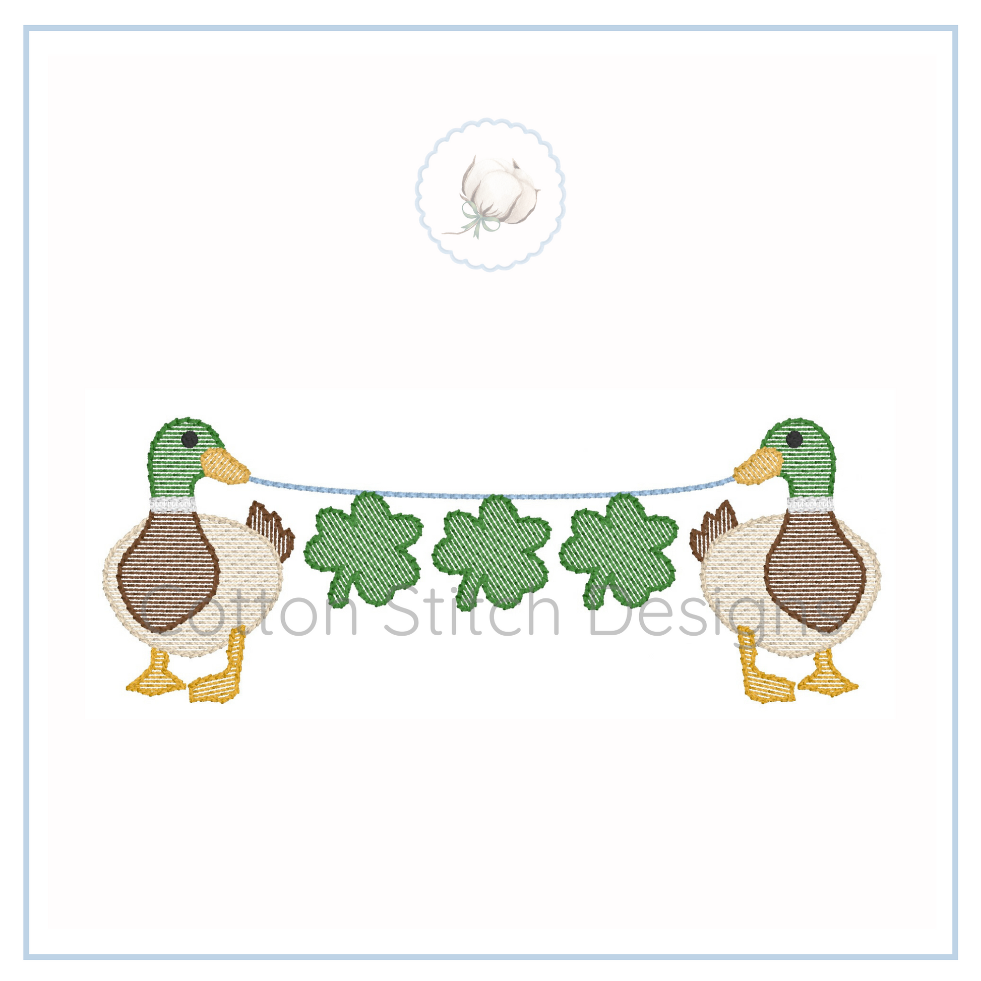 Machine Embroidery design Cotton Stitch Designs Embroidery design of two ducks and four clover leaves on a string with a white background.