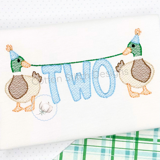 Machine Embroidery design Cotton Stitch Designs Embroidered design with two ducks holding a banner saying 'TWO' on a white background.