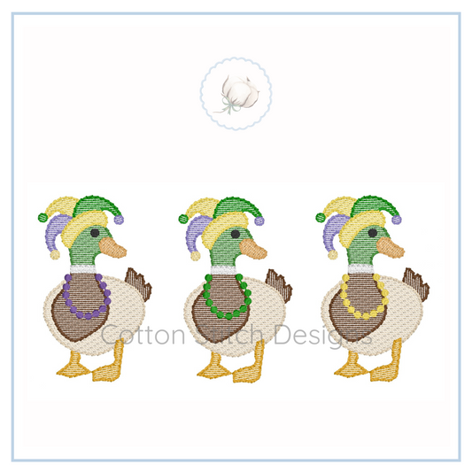 Machine Embroidery design Cotton Stitch Designs Three embroidered ducks wearing colorful hats on a white background with 'Cotton Duck Design' text.