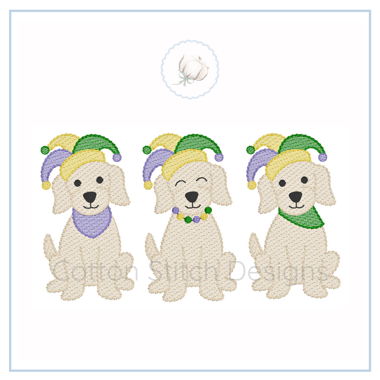 Machine Embroidery design Cotton Stitch Designs Three embroidered dogs wearing colorful jester hats on a white background