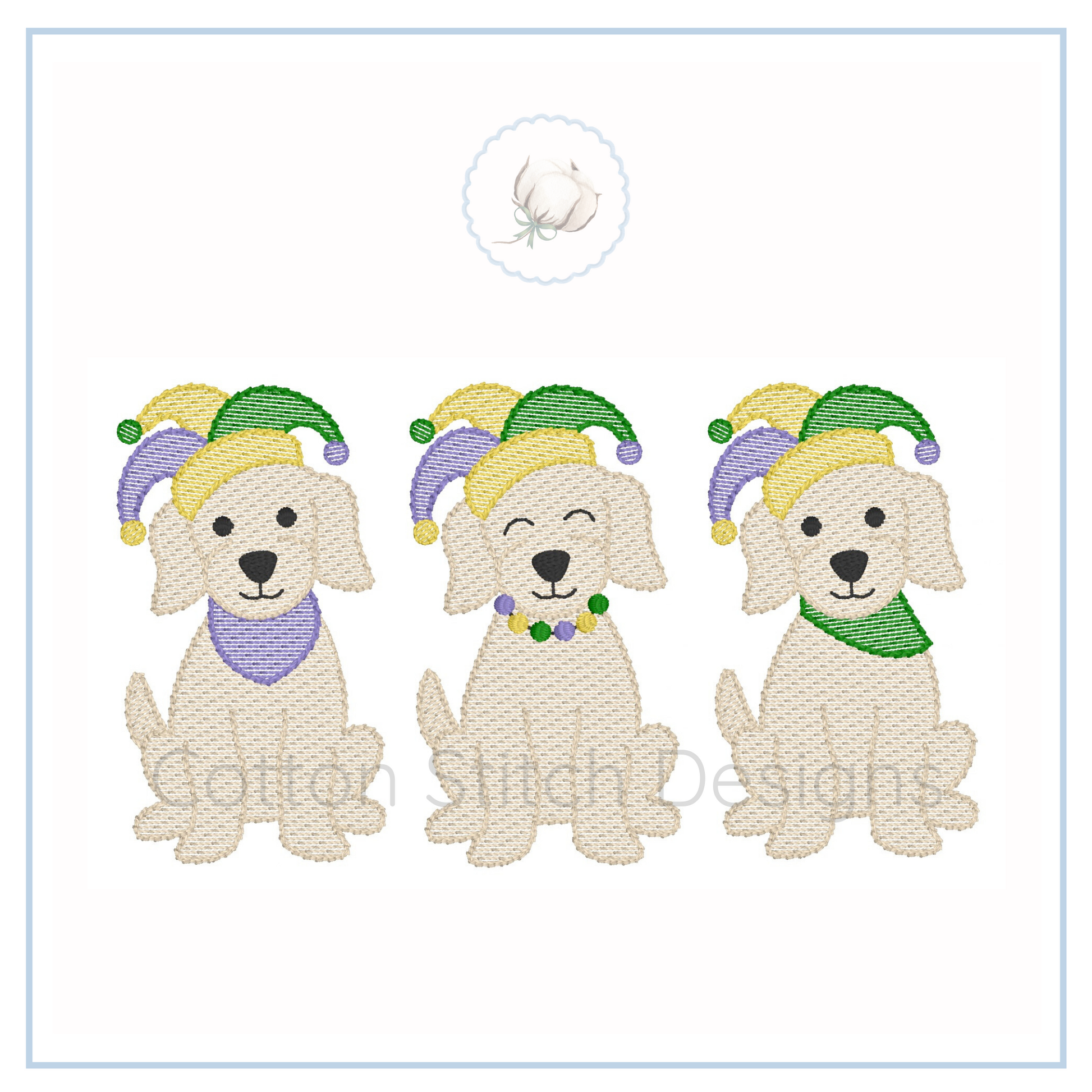 Machine Embroidery design Cotton Stitch Designs Three embroidered dogs wearing colorful jester hats on a white background
