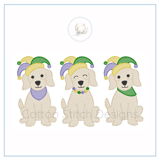 Machine Embroidery design Cotton Stitch Designs Three embroidered dogs wearing colorful jester hats on a white background
