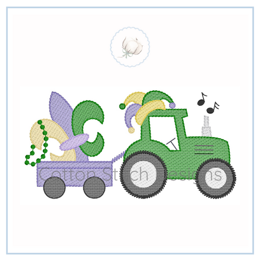 Machine Embroidery design Cotton Stitch Designs Embroidery design of a green tractor with a purple truck carrying fairy characters and musical notes.