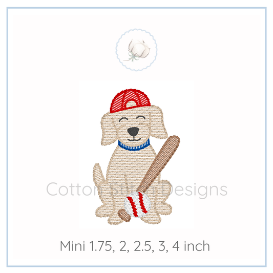 Machine Embroidery design Cotton Stitch Designs dog with a red cap and baseball bat.
