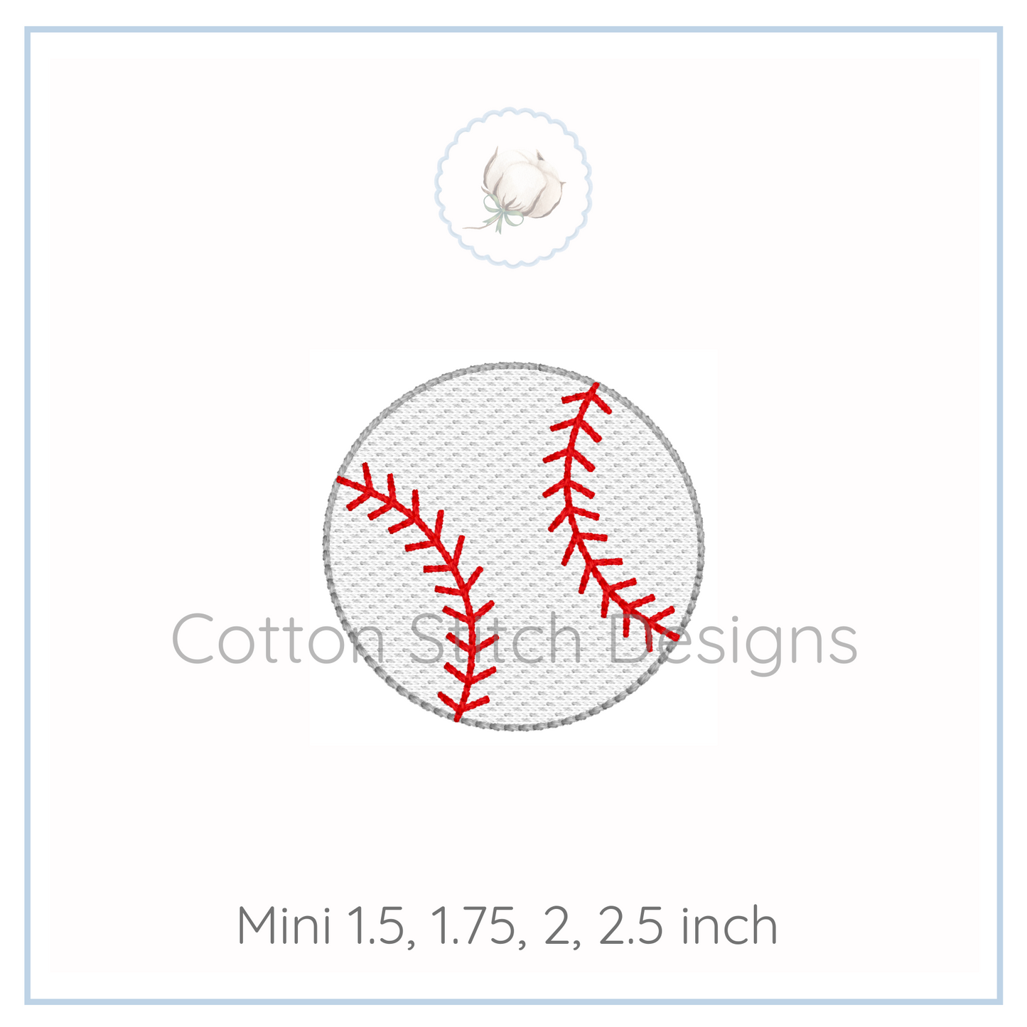 Machine Embroidery design Cotton Stitch Designs Embroidery design of a baseball with red stitches on a white background, labeled 'Cotton Stitch Designs'.
