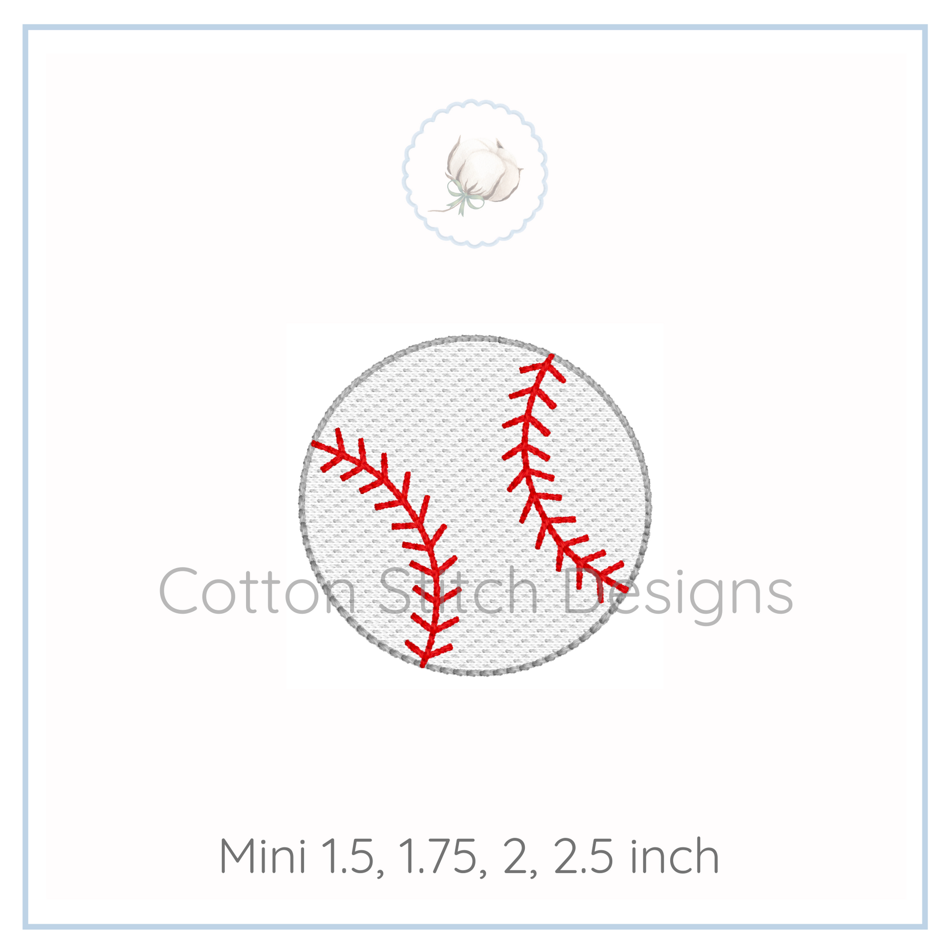 Machine Embroidery design Cotton Stitch Designs Embroidery design of a baseball with red stitches on a white background, labeled 'Cotton Stitch Designs'.