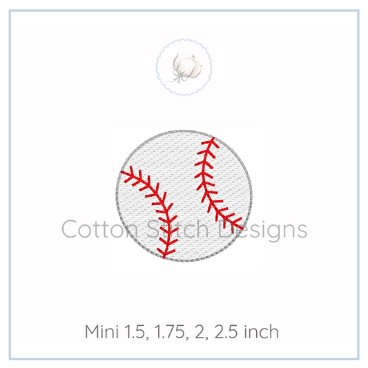 Machine Embroidery design Cotton Stitch Designs Embroidery design of a baseball with red stitches on a white background, labeled 'Cotton Stitch Designs'.