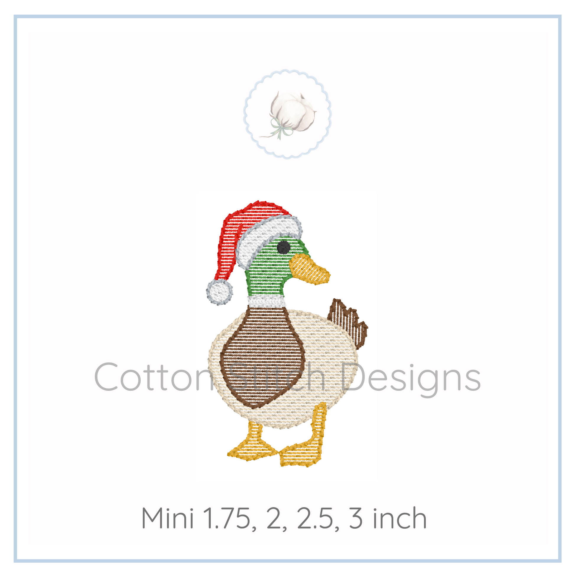Machine Embroidery design Cotton Stitch Designs Embroidery design of a duck wearing a Santa hat with size options displayed.