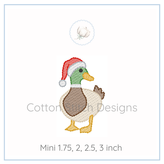Machine Embroidery design Cotton Stitch Designs Embroidery design of a duck wearing a Santa hat with size options displayed.