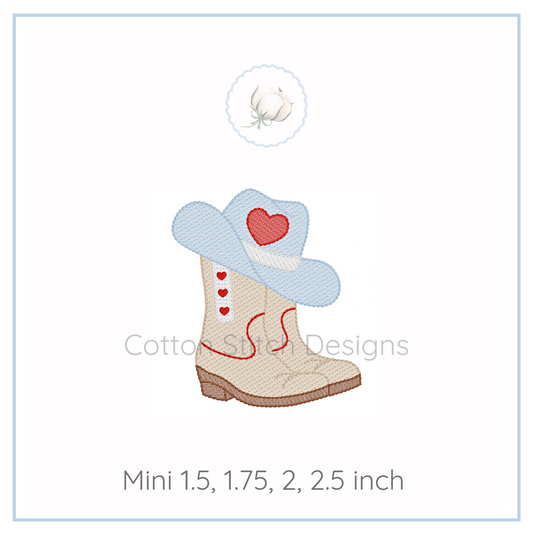 Machine Embroidery design Cotton Stitch Designs Embroidered design of a cowboy boot and hat with hearts on a white background, featuring the brand 'Cotton and Steel Designs'.