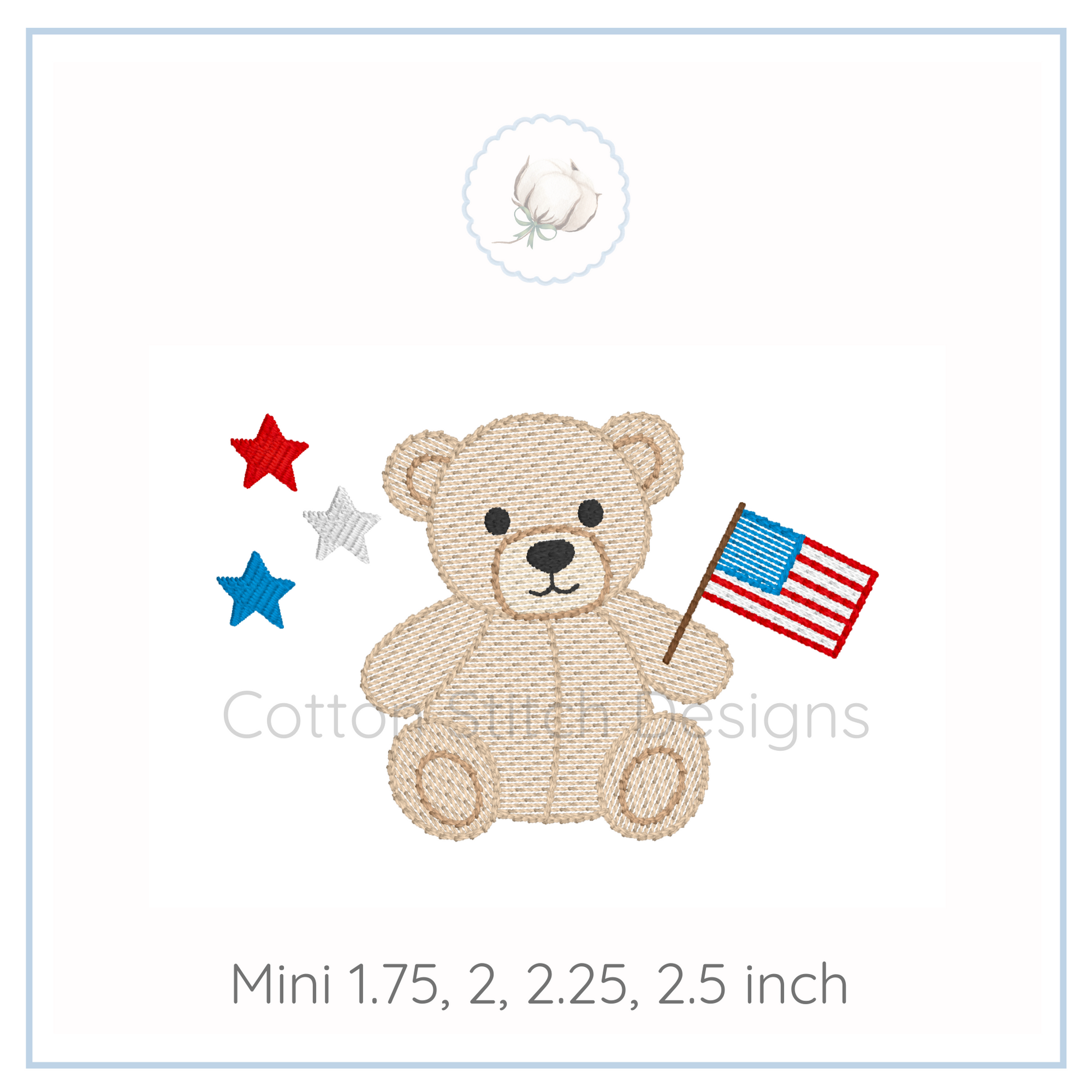 Machine Embroidery design Cotton Stitch Designs Teddy bear with an American flag on a white background, featuring the brand 'Cotton Stitch Designs'.