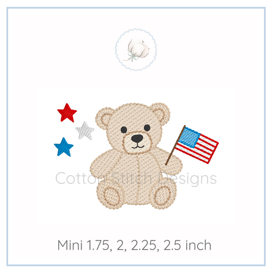 Machine Embroidery design Cotton Stitch Designs Teddy bear with an American flag on a white background, featuring the brand 'Cotton Stitch Designs'.