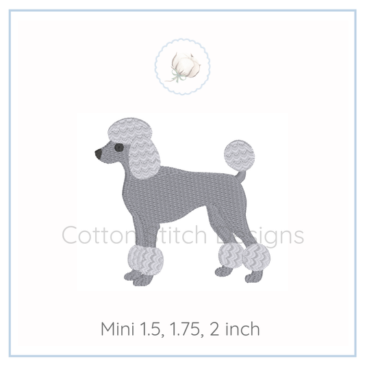 Machine Embroidery design Cotton Stitch Designs Stitch pattern of a poodle with size specifications on a white background