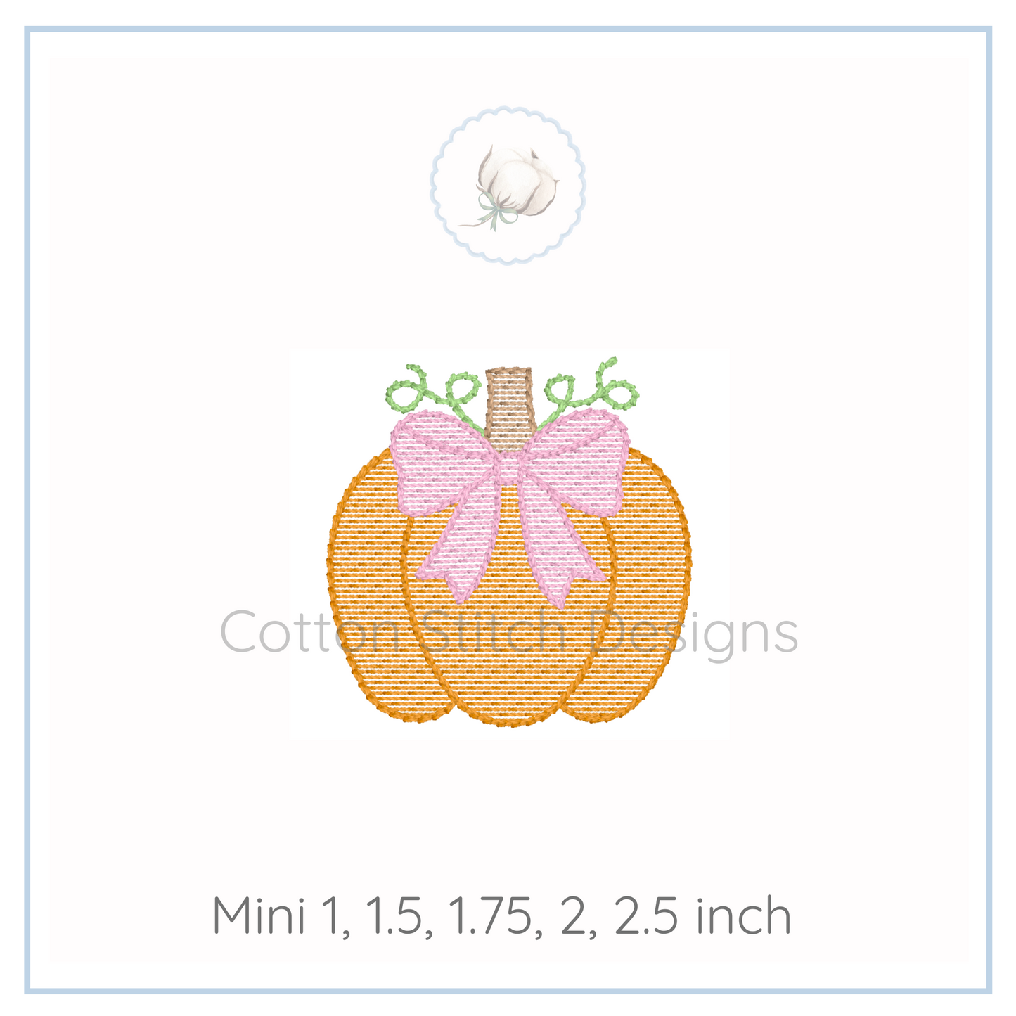 Machine Embroidery design Cotton Stitch Designs Embroidery design of two pumpkins with a pink bow on a white background, featuring the brand 'Cotton Stitching Designs'.