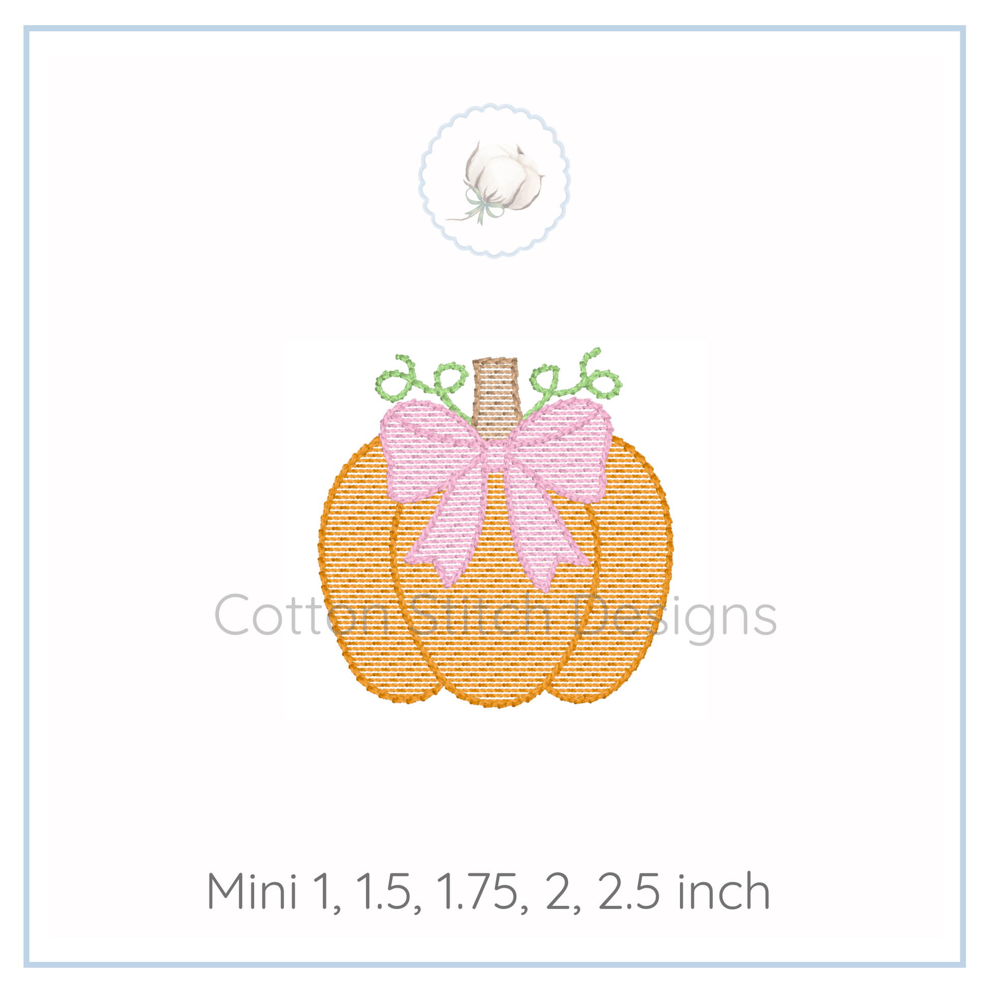 Machine Embroidery design Cotton Stitch Designs Embroidery design of two pumpkins with a pink bow on a white background, featuring the brand 'Cotton Stitching Designs'.