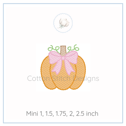 Machine Embroidery design Cotton Stitch Designs Embroidery design of two pumpkins with a pink bow on a white background, featuring the brand 'Cotton Stitching Designs'.