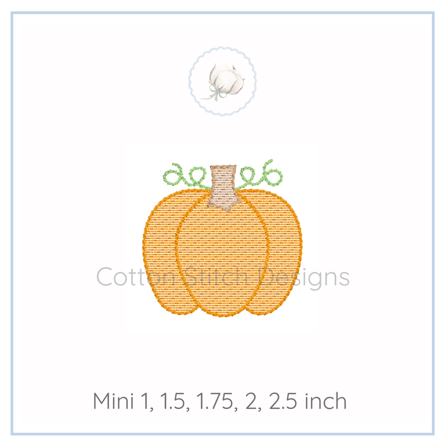 Machine Embroidery design Cotton Stitch Designs Embroidery design of a pumpkin with text indicating size options on a white background.