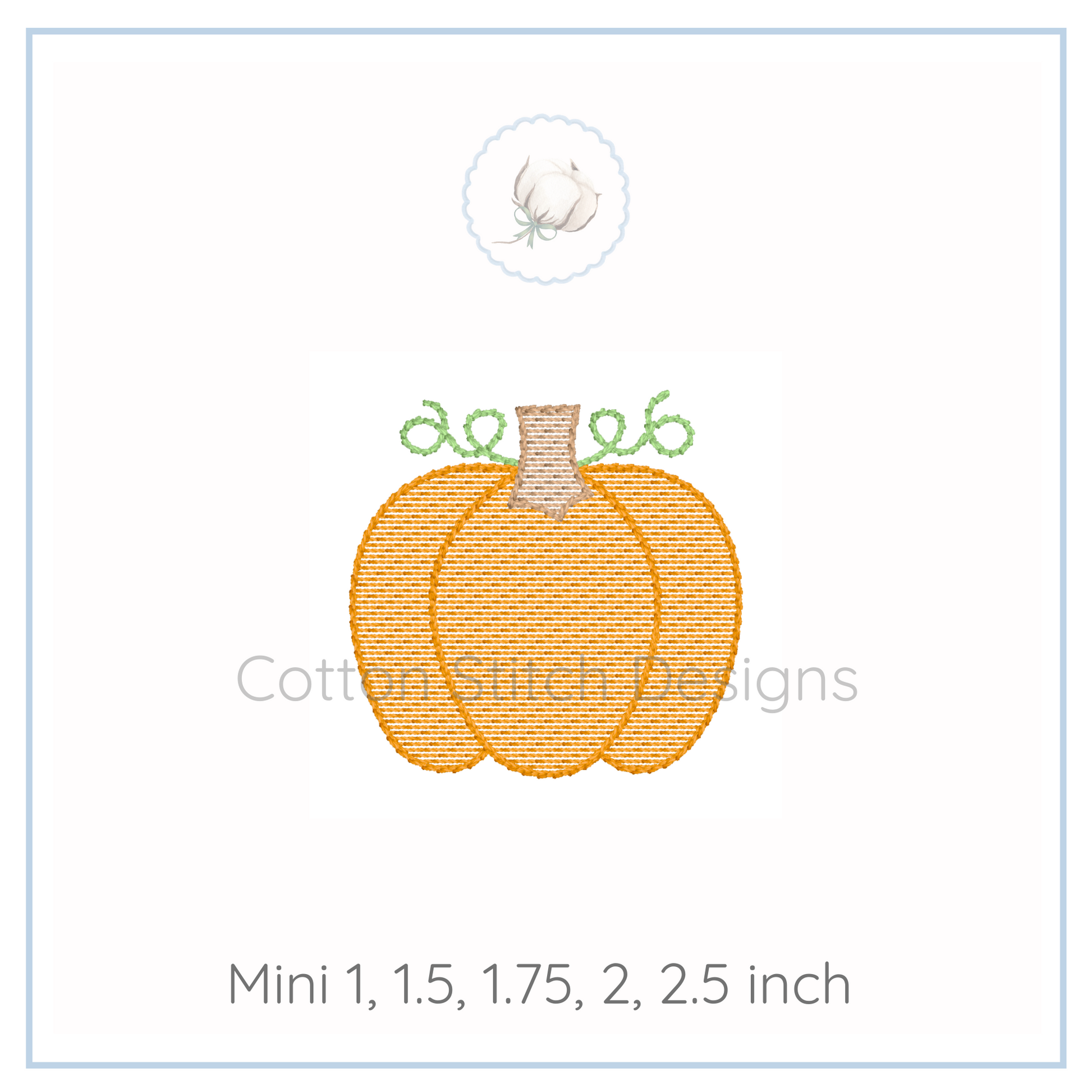 Machine Embroidery design Cotton Stitch Designs Embroidery design of a pumpkin with text indicating size options on a white background.