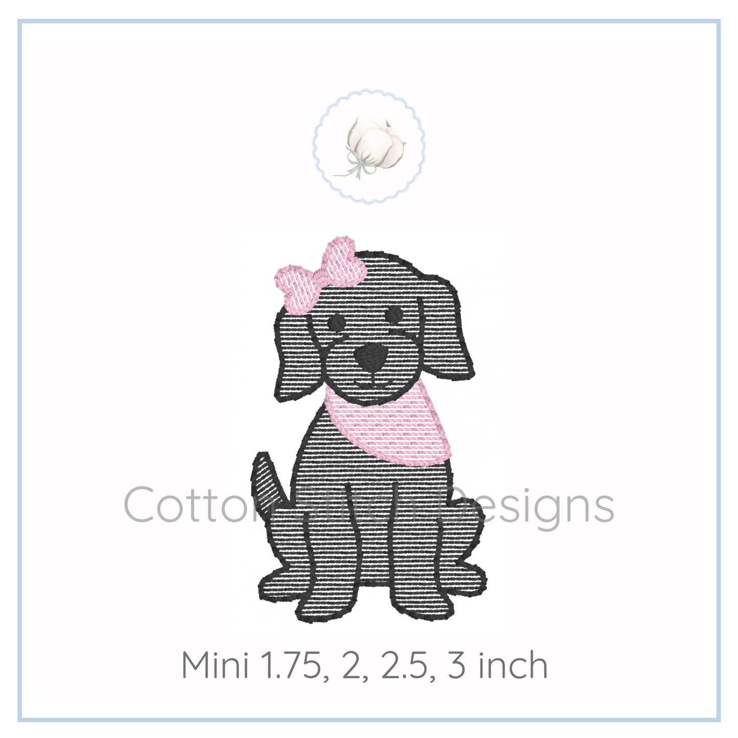 Machine Embroidery design Cotton Stitch Designs Embroidery design of a dog with a pink bow and scarf on a white background, with 'Cotton and Cream Designs' branding.