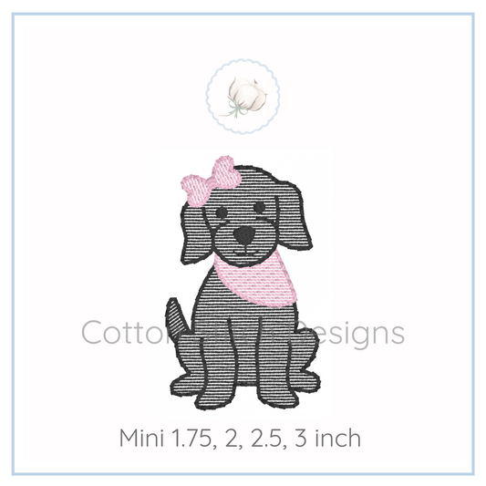 Machine Embroidery design Cotton Stitch Designs Embroidery design of a dog with a pink bow and scarf on a white background, with 'Cotton and Cream Designs' branding.