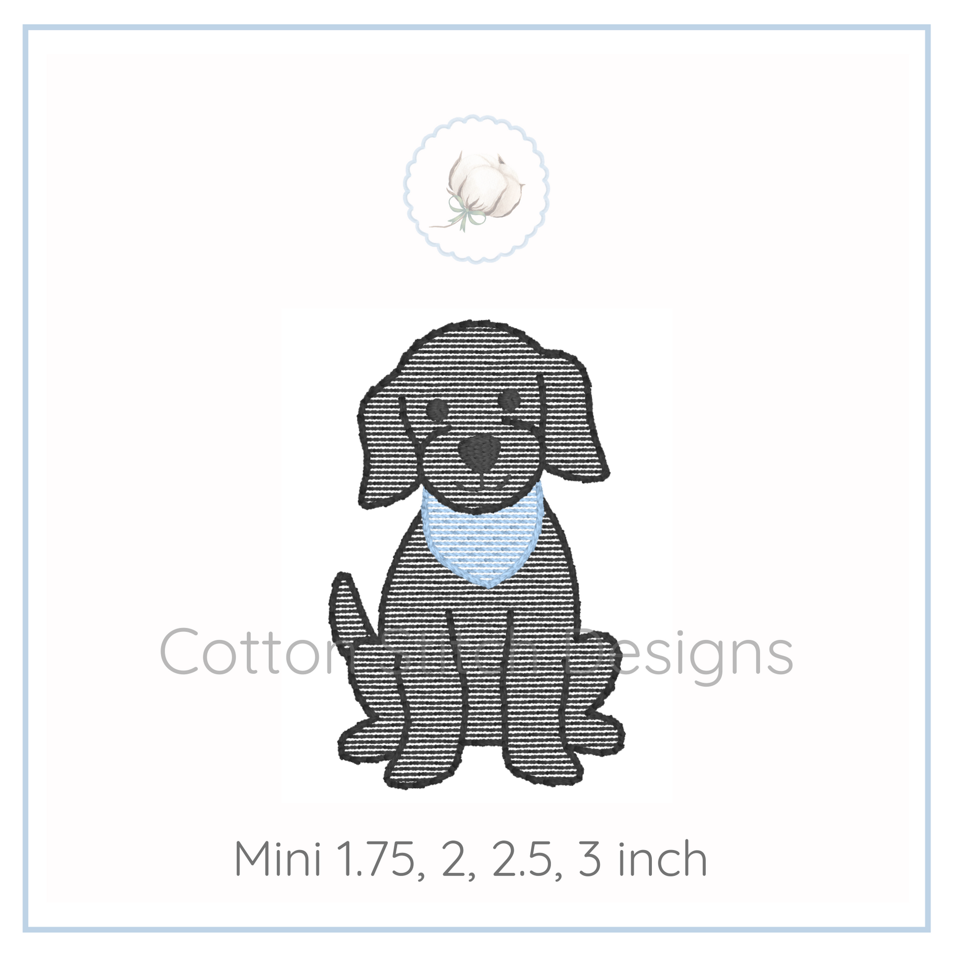Machine Embroidery design Cotton Stitch Designs Embroidery design of a dog with a blue bandana on a white background, featuring the brand 'Cotton and Steel Designs'.