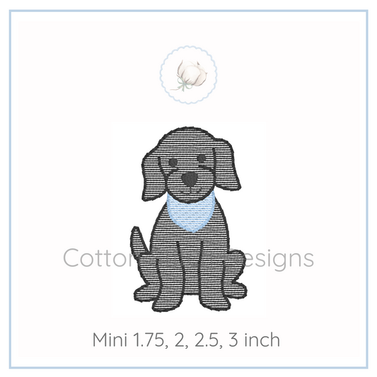 Machine Embroidery design Cotton Stitch Designs Embroidery design of a dog with a blue bandana on a white background, featuring the brand 'Cotton and Steel Designs'.