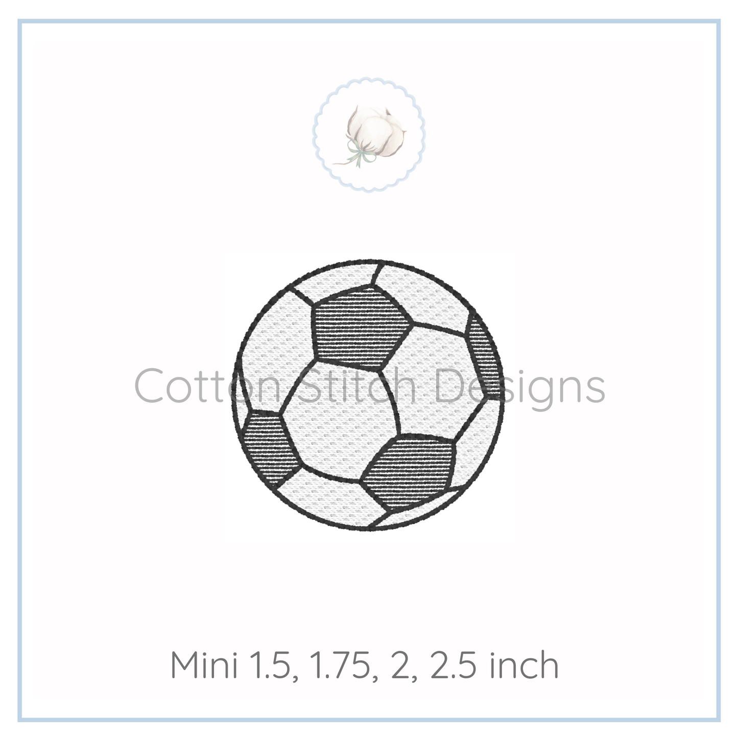 Machine Embroidery design Cotton Stitch Designs Outline of a soccer ball with size specifications below on a white background