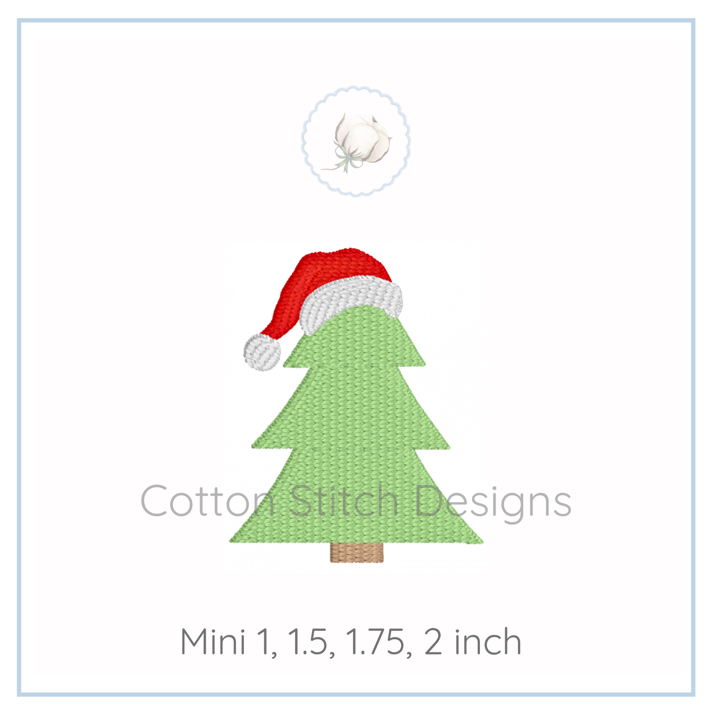 Machine Embroidery design Cotton Stitch Designs Christmas tree with a Santa hat on.