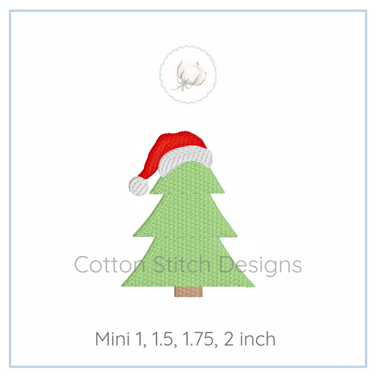 Machine Embroidery design Cotton Stitch Designs Christmas tree with a Santa hat on.