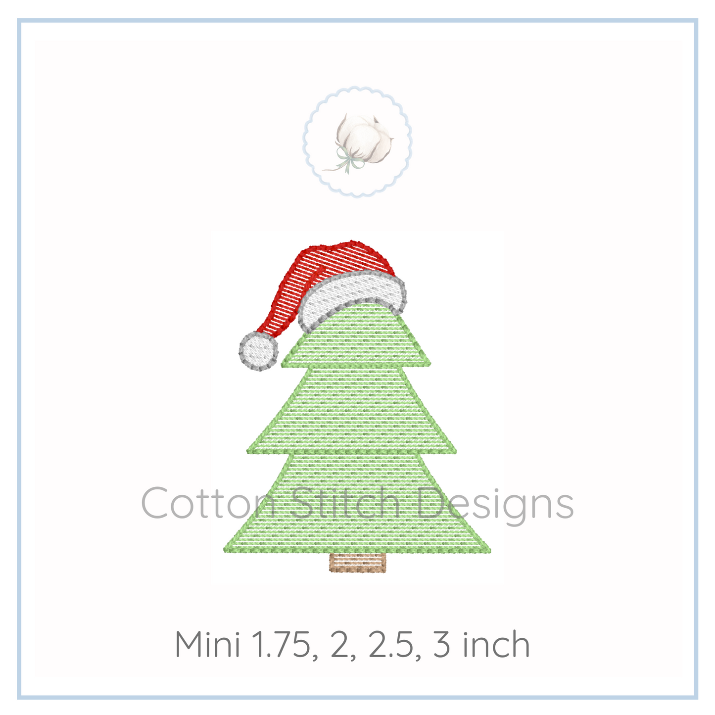 Machine Embroidery design Cotton Stitch Designs Embroidery design of a Christmas tree with a Santa hat on a white background, branded 'Cotton Stitch Designs'.