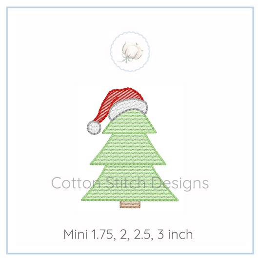 Machine Embroidery design Cotton Stitch Designs Embroidery design of a Christmas tree with a Santa hat on a white background, branded 'Cotton Stitch Designs'.