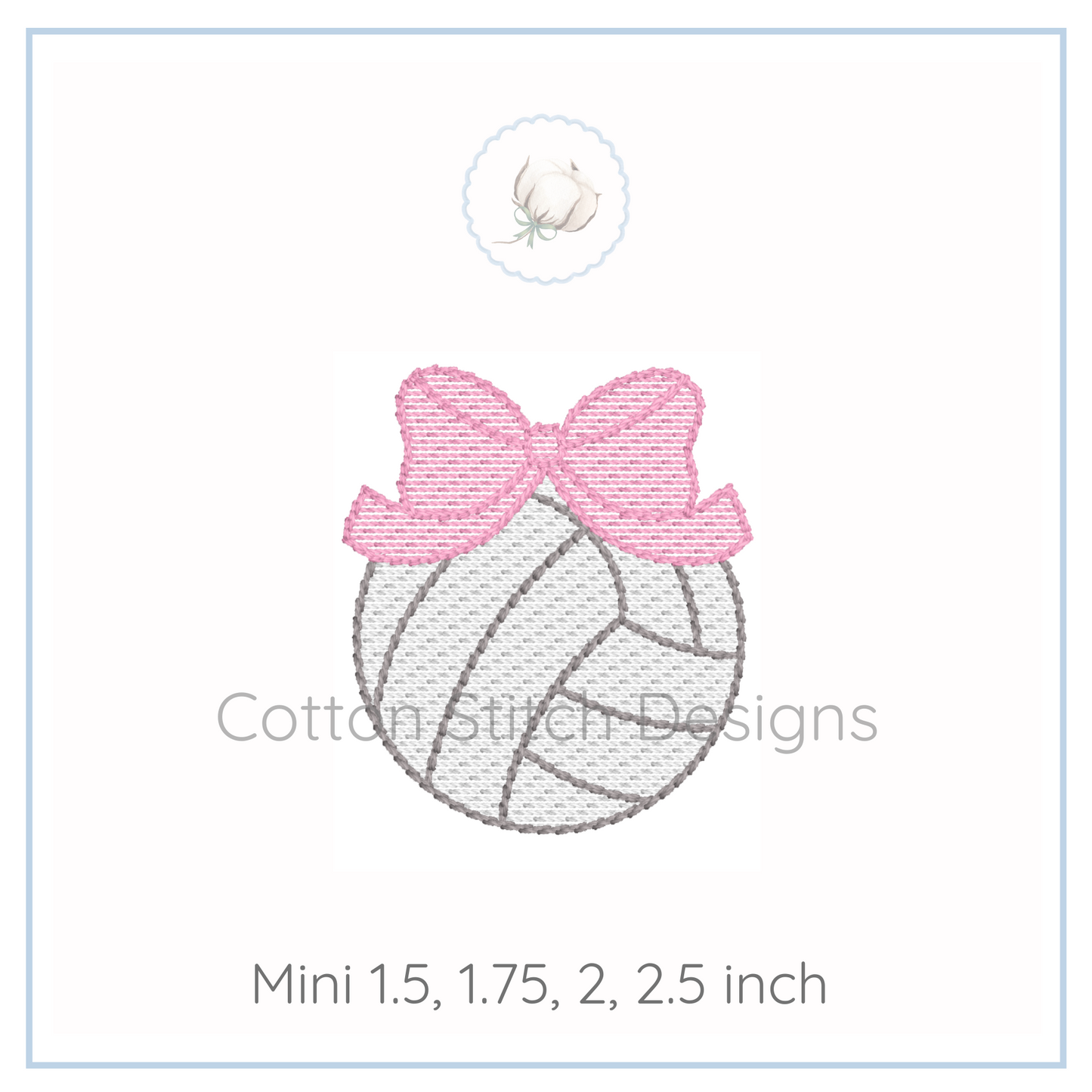 Machine Embroidery design Cotton Stitch Designs Embroidery design of a volleyball with a pink bow on a white background, featuring the brand 'Cotton Stitch Designs'.
