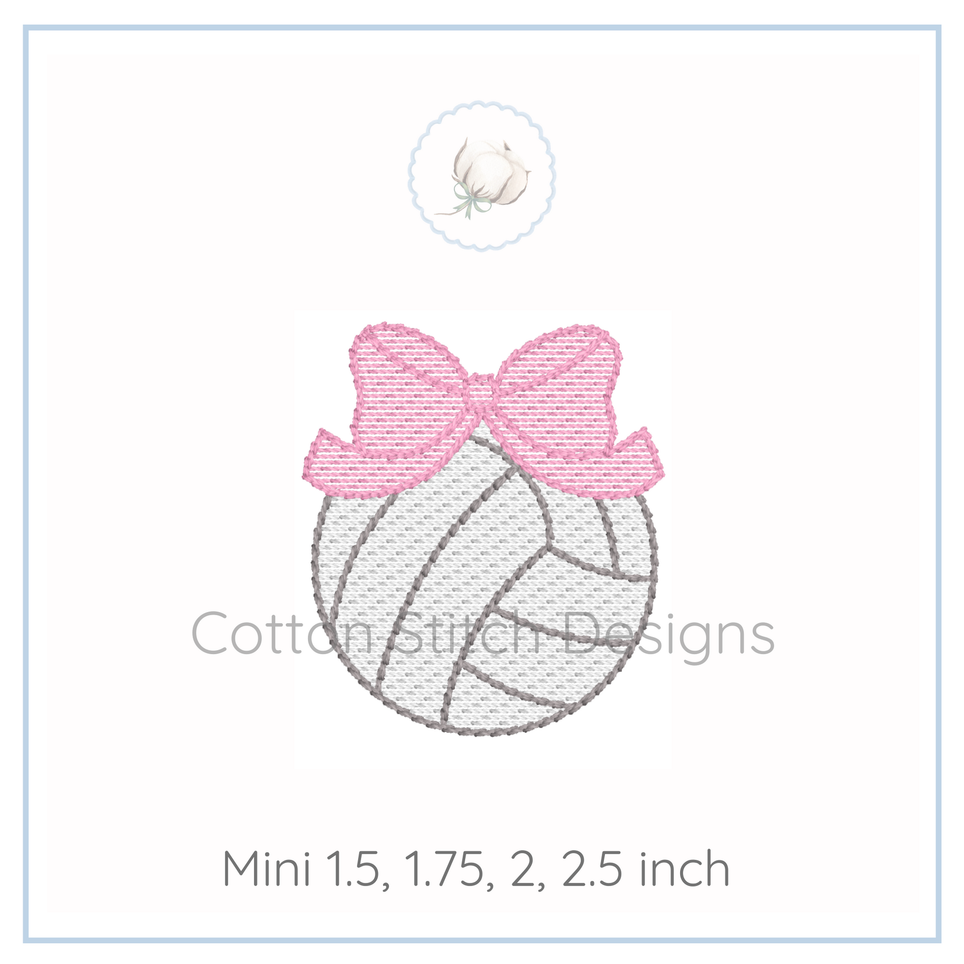 Machine Embroidery design Cotton Stitch Designs Embroidery design of a volleyball with a pink bow on a white background, featuring the brand 'Cotton Stitch Designs'.