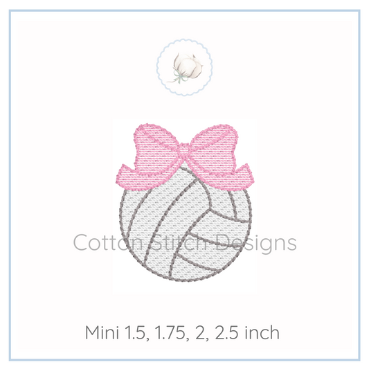 Machine Embroidery design Cotton Stitch Designs Embroidery design of a volleyball with a pink bow on a white background, featuring the brand 'Cotton Stitch Designs'.