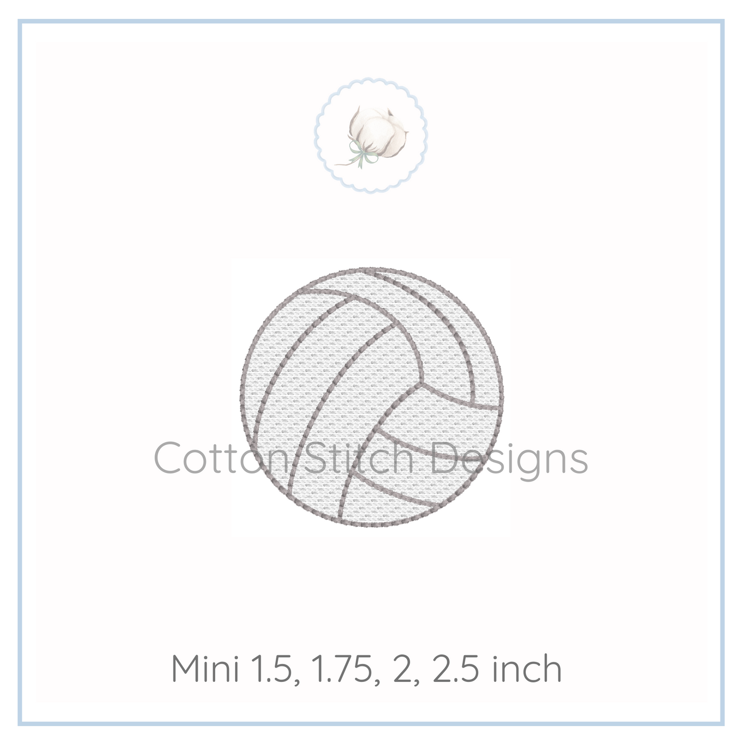 Machine Embroidery design Cotton Stitch Designs Embroidery design of a volleyball with size options displayed below on a white background.