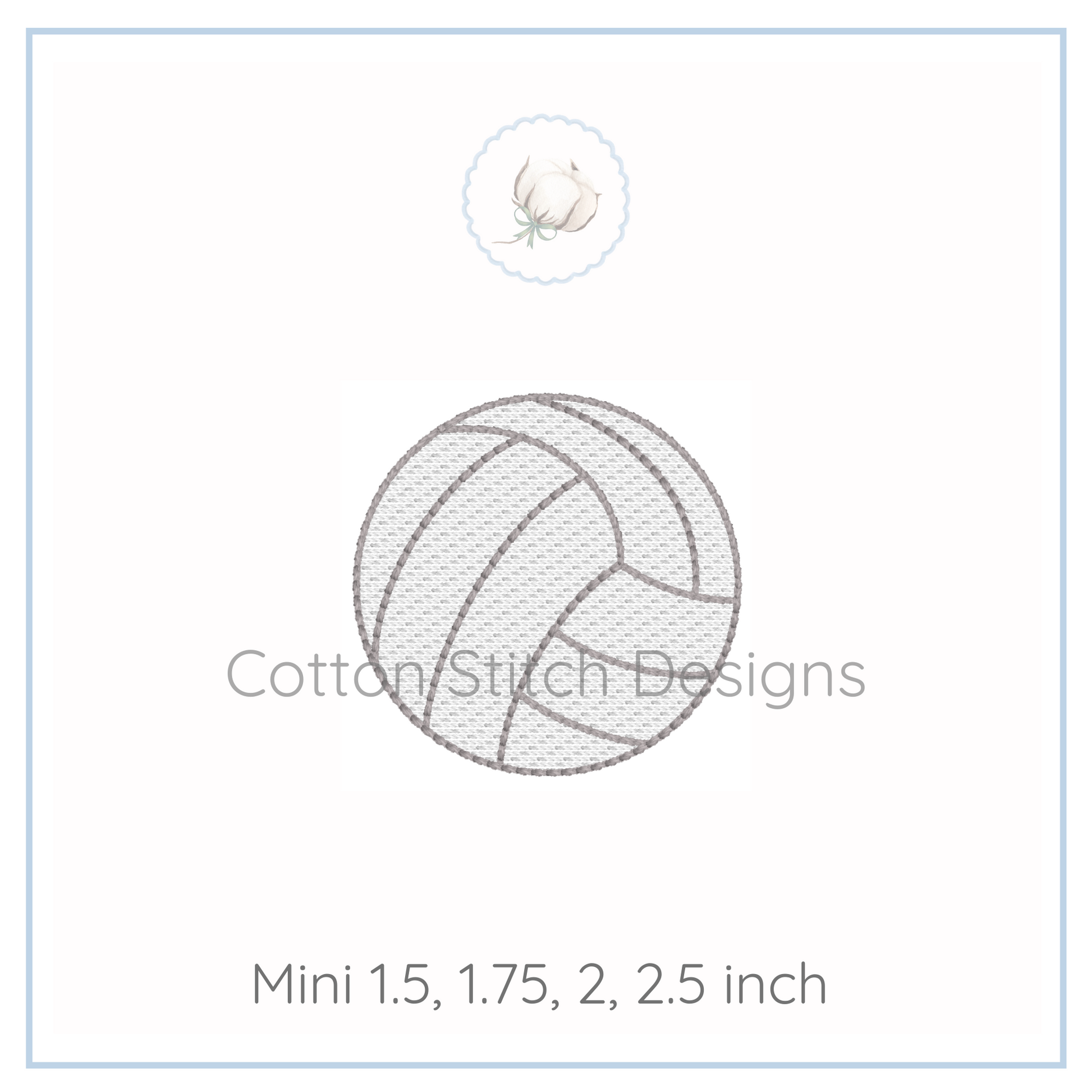 Machine Embroidery design Cotton Stitch Designs Embroidery design of a volleyball with size options displayed below on a white background.