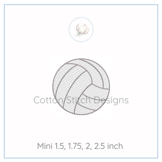 Machine Embroidery design Cotton Stitch Designs Embroidery design of a volleyball with size options displayed below on a white background.