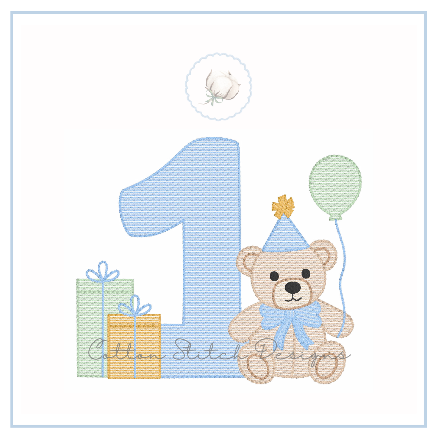 Number One Birthday Bear Sketch Embroidery Design