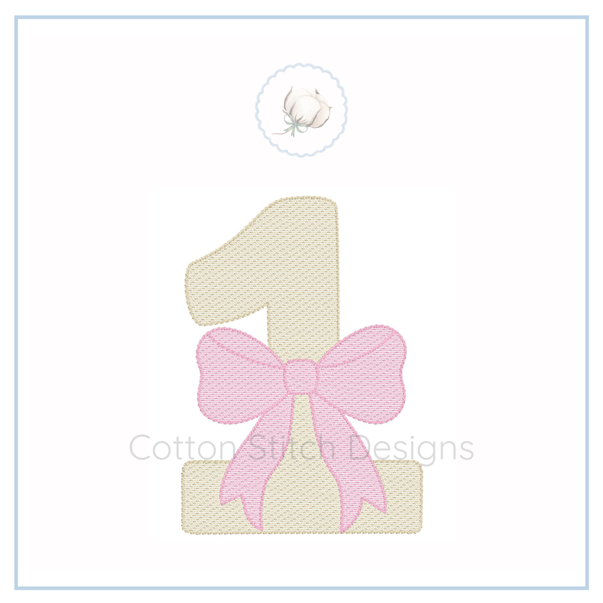 Machine Embroidery design Cotton Stitch Designs Embroidered number '1' with a pink bow on a white background, featuring the brand 'Cotton Stitch Designs'.