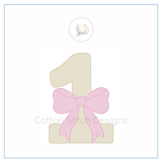 Machine Embroidery design Cotton Stitch Designs Embroidered number '1' with a pink bow on a white background, featuring the brand 'Cotton Stitch Designs'.