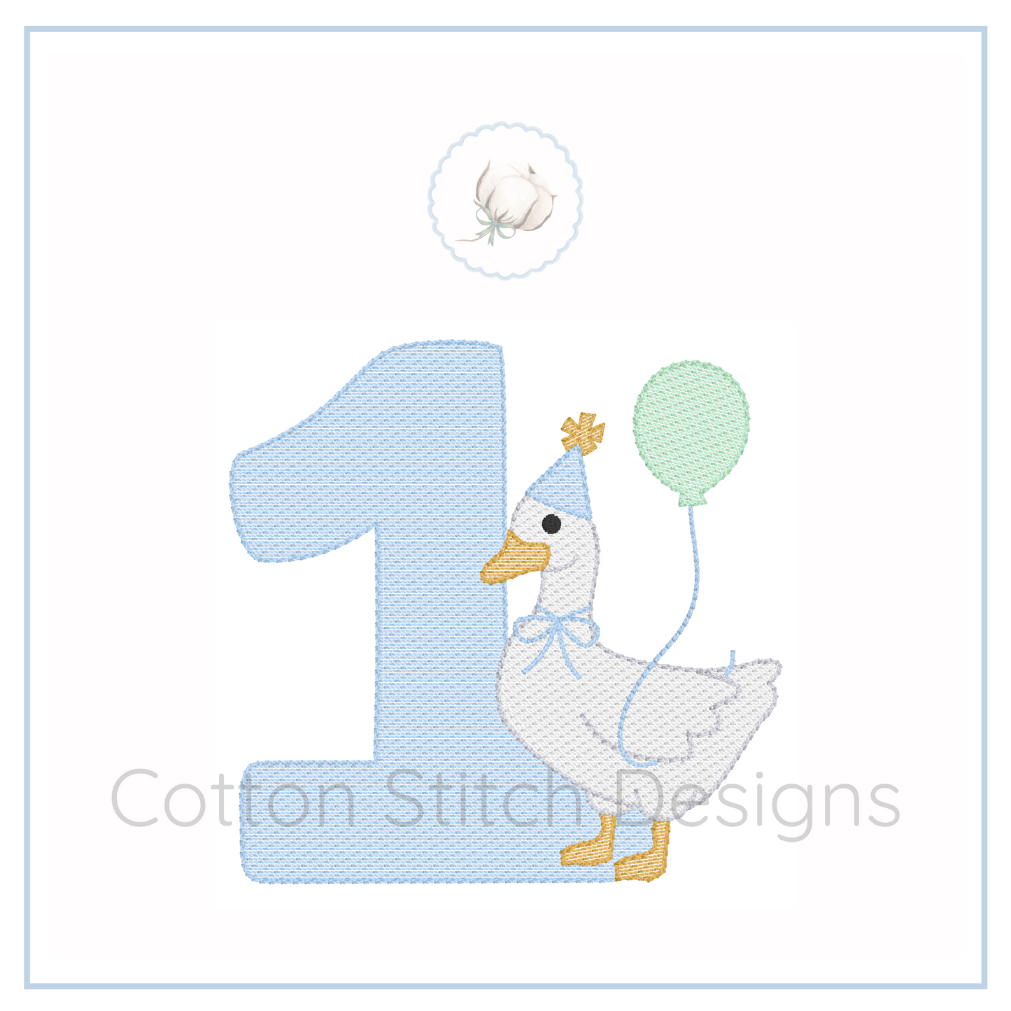 Machine Embroidery design Cotton Stitch Designs Embroidery design of a duck with the number '1' and a balloon, featuring the brand 'Cotton Stitch Designs'.