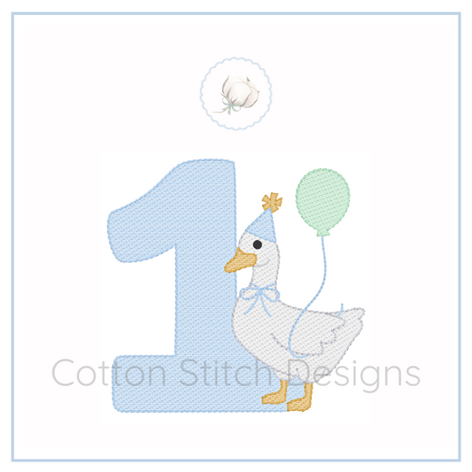 Machine Embroidery design Cotton Stitch Designs Embroidery design of a duck with the number '1' and a balloon, featuring the brand 'Cotton Stitch Designs'.