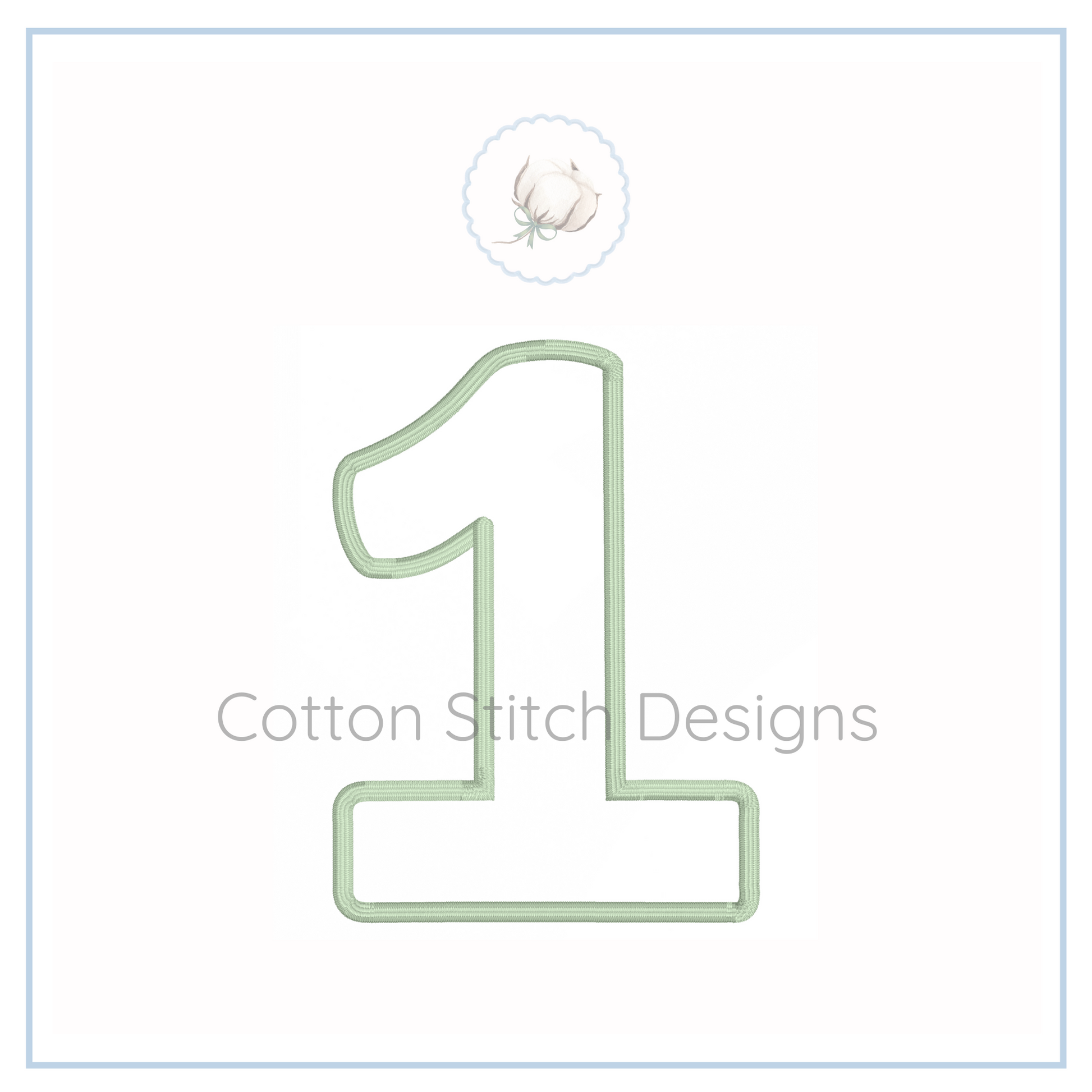 Machine Embroidery design Cotton Stitch Designs Green number '1' design with a cotton boll on a white background, branded 'Cotton Stitch Designs'.