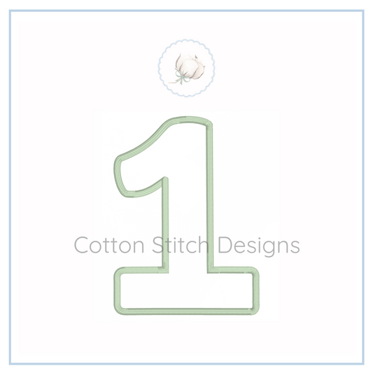 Machine Embroidery design Cotton Stitch Designs Green number '1' design with a cotton boll on a white background, branded 'Cotton Stitch Designs'.