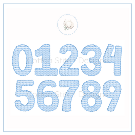 Machine Embroidery design Cotton Stitch Designs Set of blue embroidered numbers on a white background
