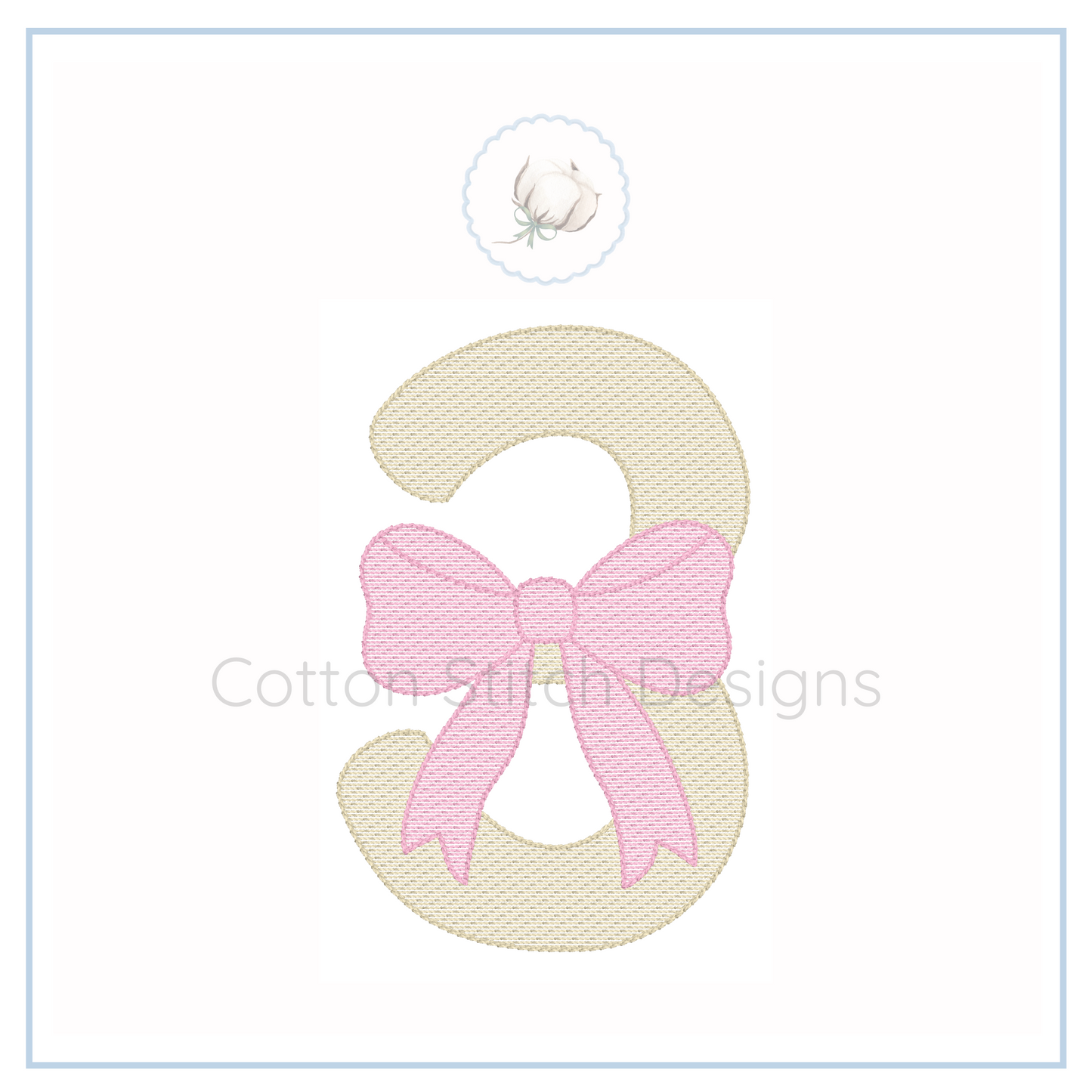 Machine Embroidery design Cotton Stitch Designs Embroidered number '3' with a pink bow on a white background, featuring the brand 'Cotton Stitch Designs'.