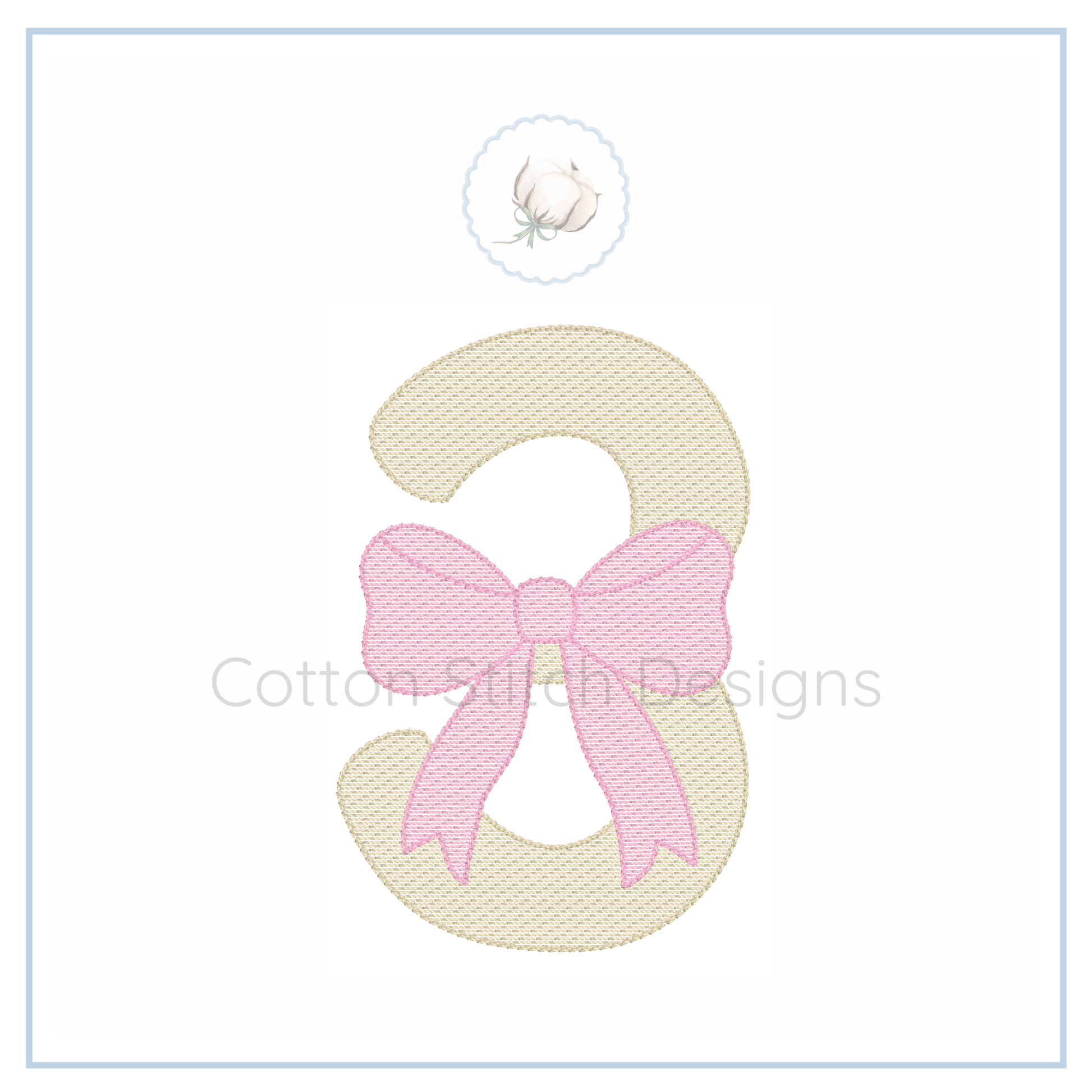 Machine Embroidery design Cotton Stitch Designs Embroidered number '3' with a pink bow on a white background, featuring the brand 'Cotton Stitch Designs'.